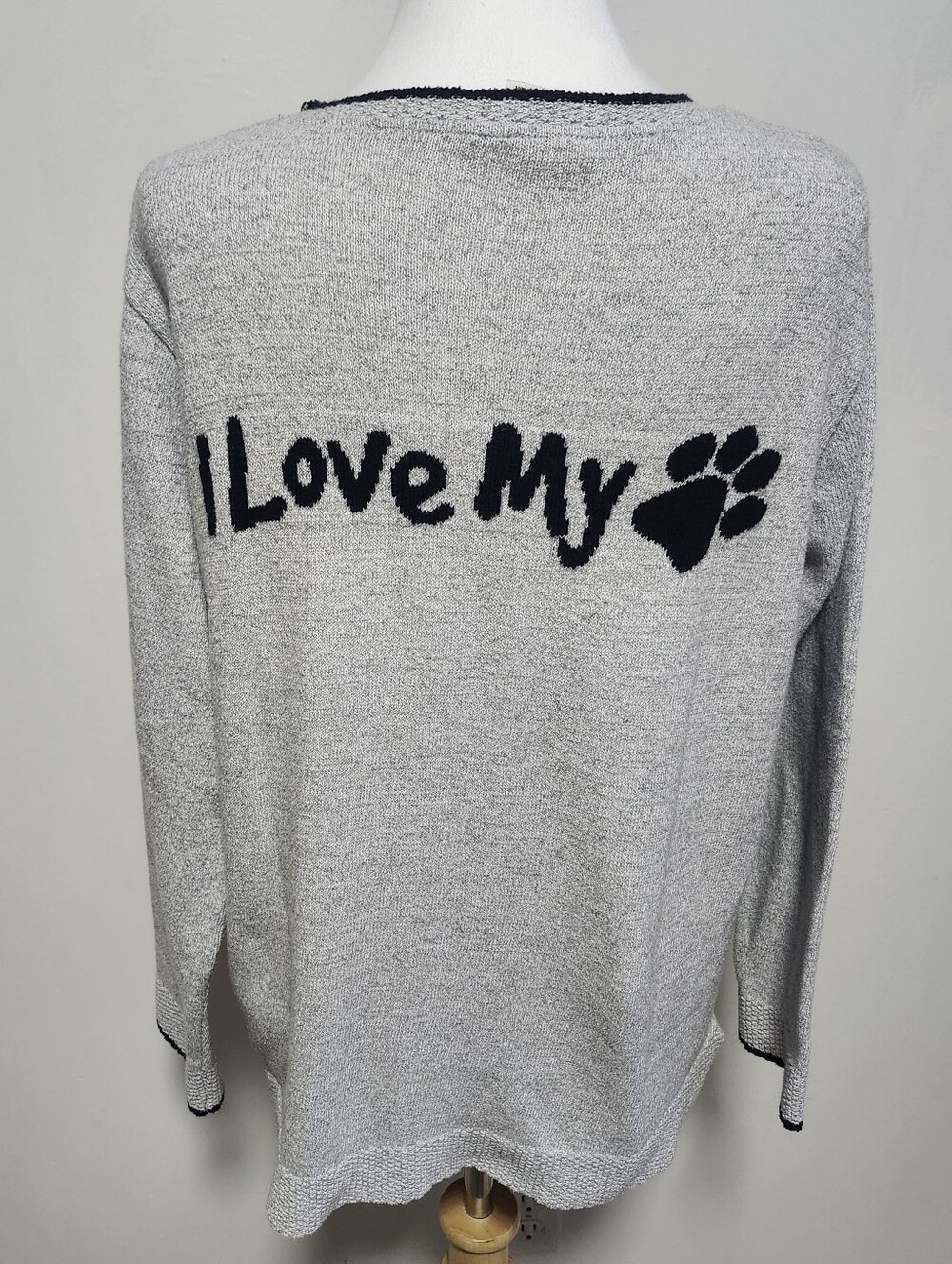 Parkhurst Gray Sweater Heart & Paw Motif On Front, I Love My Dog On Back.